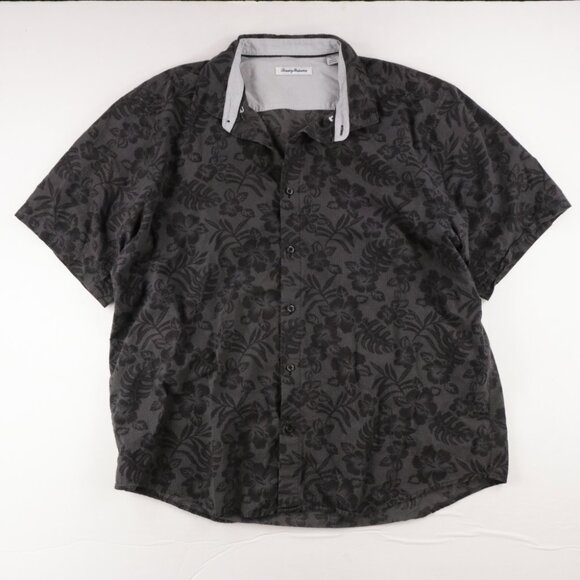 Tommy Bahama Shirt Mens XXL Gray Floral Short Sleeve Pima Cotton Textured - Picture 1 of 6
